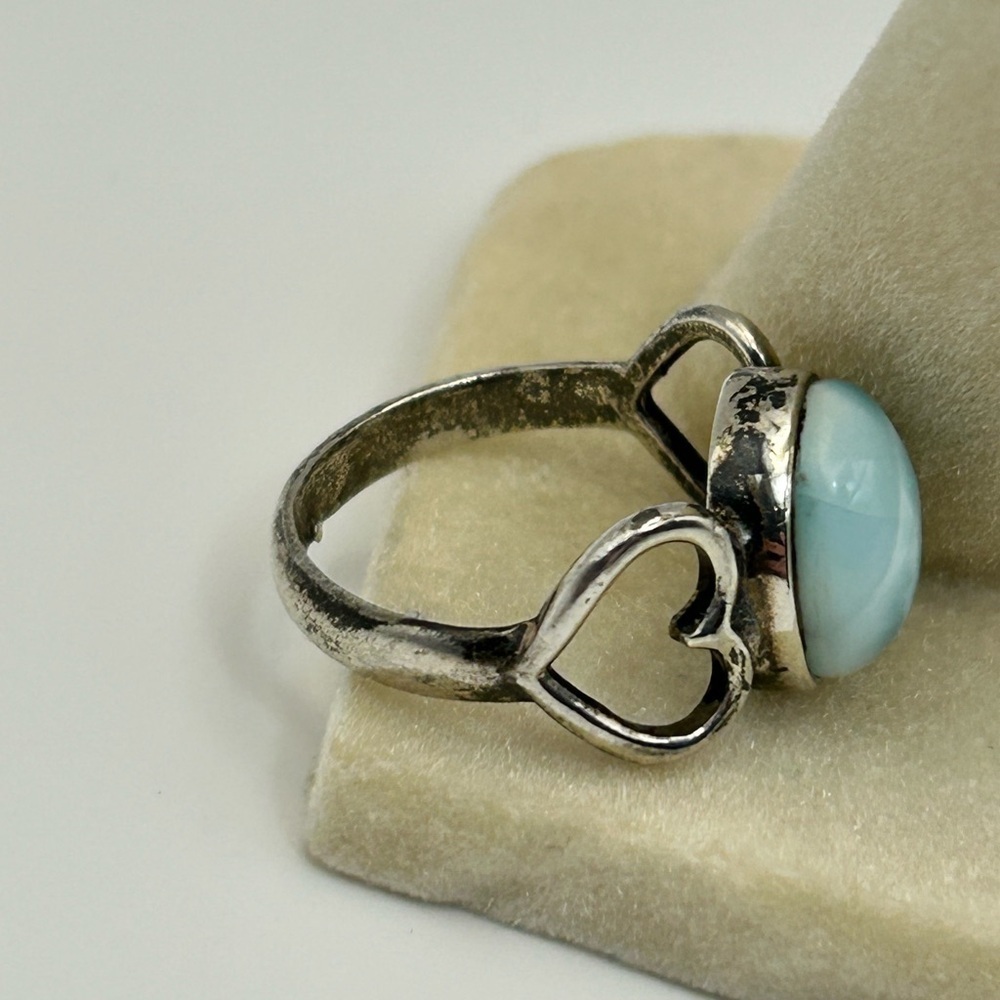 925 Silver Light Blue Larimar Ring Size 7 Side Hearts - Picture 8 of 12